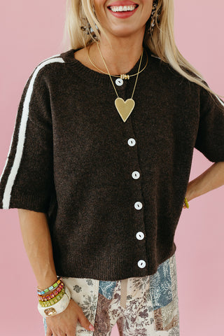 Mandy Varsity Short Sleeve Cardigan in Espresso/White