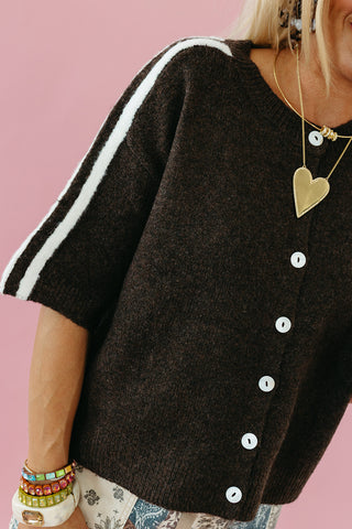 Mandy Varsity Short Sleeve Cardigan in Espresso/White