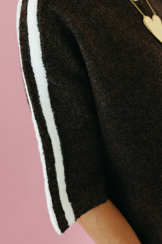 Mandy Varsity Short Sleeve Cardigan in Espresso/White