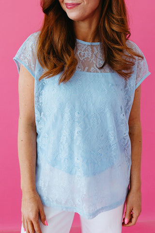 Hayley Floral Lace Top in Sky