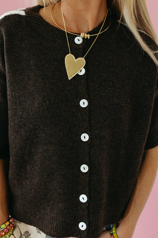 Mandy Varsity Short Sleeve Cardigan in Espresso/White