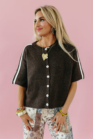 Mandy Varsity Short Sleeve Cardigan in Espresso/White