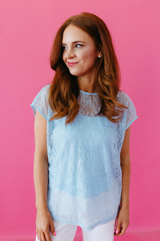 Hayley Floral Lace Top in Sky
