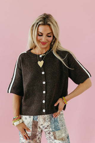 Mandy Varsity Short Sleeve Cardigan in Espresso/White