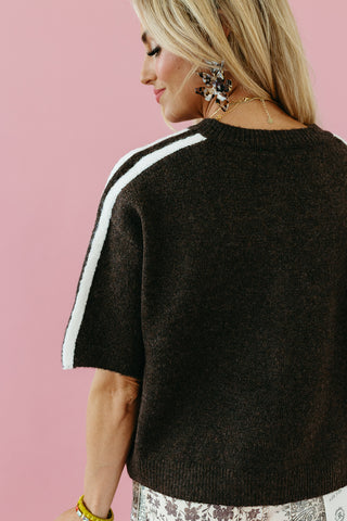 Mandy Varsity Short Sleeve Cardigan in Espresso/White
