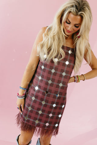 Winslet Plaid Embelished Mirrored Dress in Burgundy