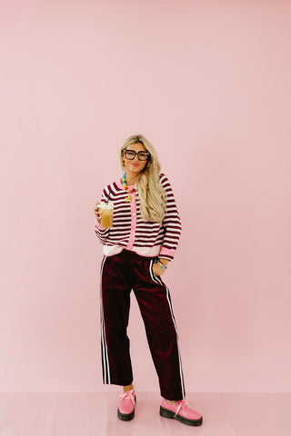 Saylor Stripe Cardigan in Light Pink/Wine