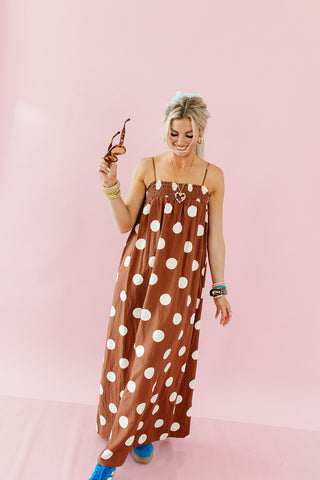 Reese Polka Dot Maxi Dress in Brown