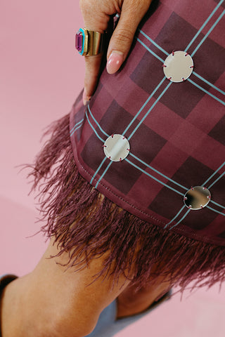 Winslet Plaid Embelished Mirrored Dress in Burgundy