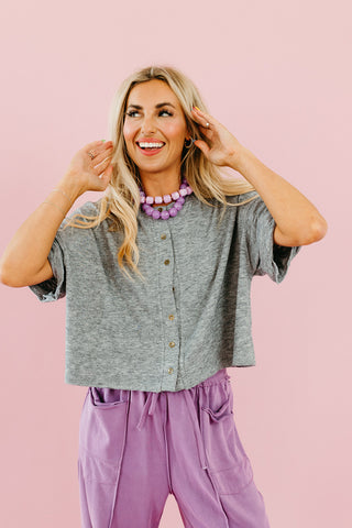 Mara Short Sleeve Knit Button Up in Grey