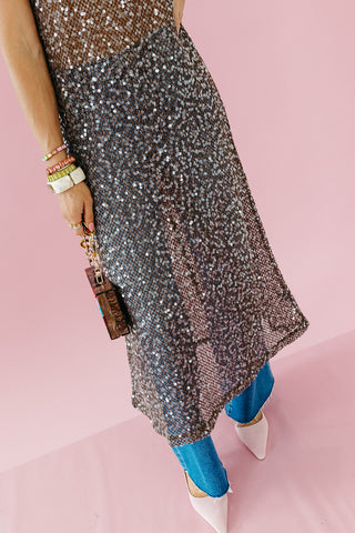 Luna Sequin Mesh Midi Dress in Brown