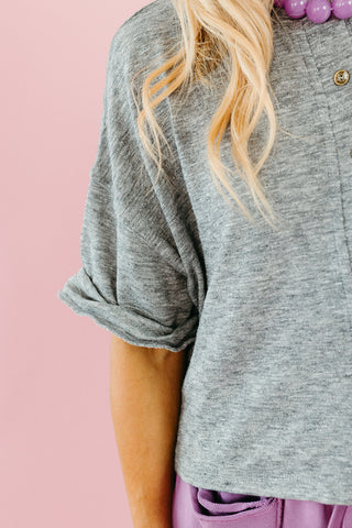 Mara Short Sleeve Knit Button Up in Grey