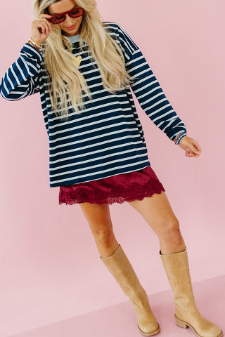 Zoe Oversized Stripe Long Sleeve Tee in Navy/Cloud