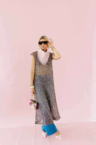 Luna Sequin Mesh Midi Dress in Brown
