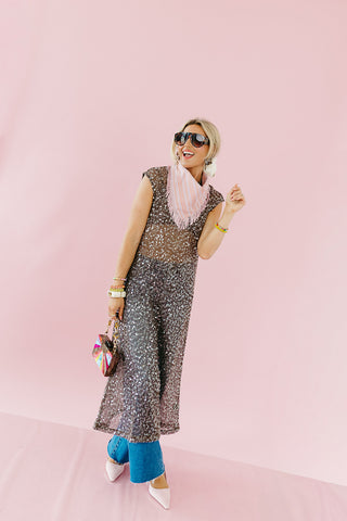 Luna Sequin Mesh Midi Dress in Brown