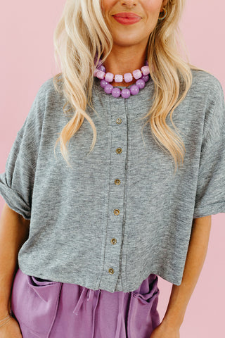 Mara Short Sleeve Knit Button Up in Grey
