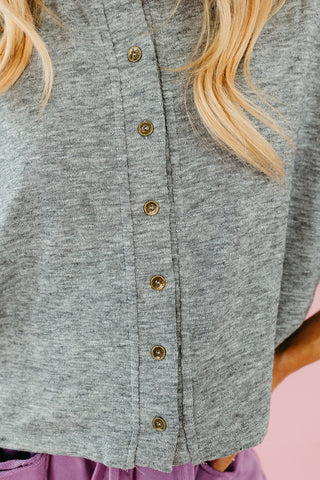 Mara Short Sleeve Knit Button Up in Grey