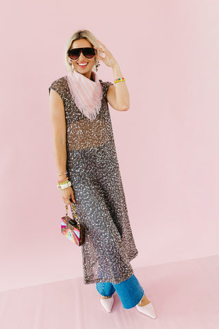 Luna Sequin Mesh Midi Dress in Brown