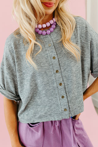 Mara Short Sleeve Knit Button Up in Grey