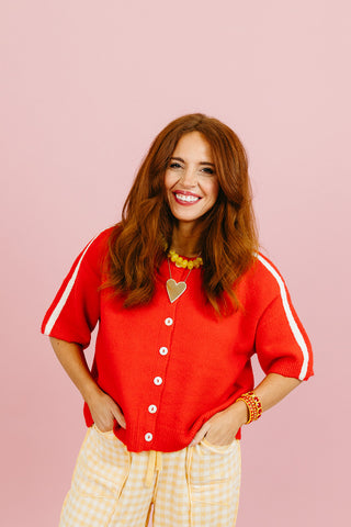 Mandy Varsity Short Sleeve Cardigan in Cherry/White