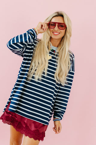 Zoe Oversized Stripe Long Sleeve Tee in Navy/Cloud
