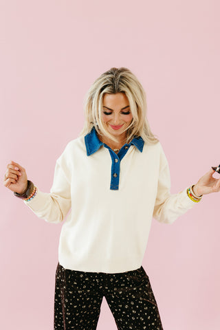 Avaree Denim Collar Polo Sweater