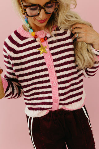 Saylor Stripe Cardigan in Light Pink/Wine