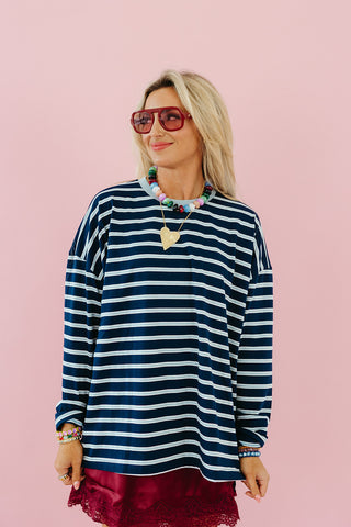 Zoe Oversized Stripe Long Sleeve Tee in Navy/Cloud
