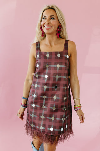 Winslet Plaid Embelished Mirrored Dress in Burgundy