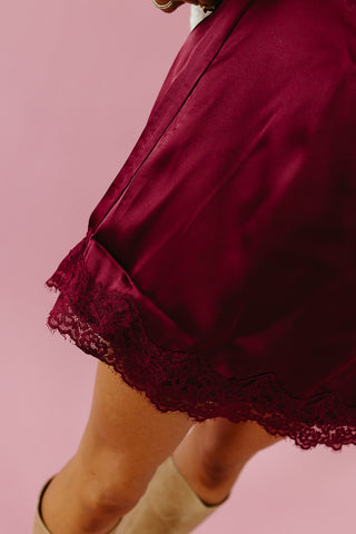 Liv Scallop Lace Trim Satin Skort in Wine