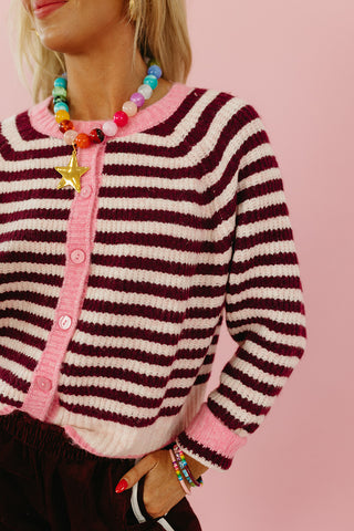 Saylor Stripe Cardigan in Light Pink/Wine