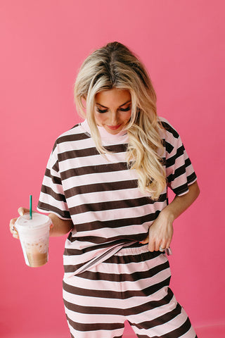 Greyson Stripe Mock Neck Top in Pink/Brown