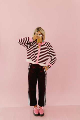 Saylor Stripe Cardigan in Light Pink/Wine
