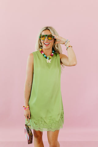 Mabel Lace Trim Satin Mini Dress in Green