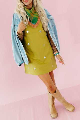 Taty Mirror Embellished Mini Dress in Olive