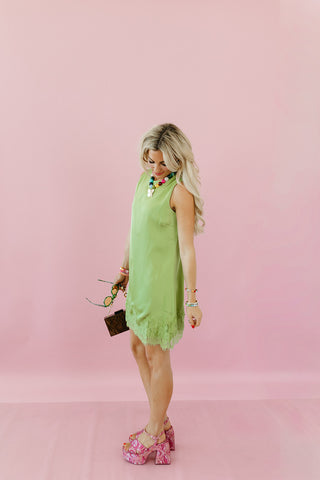 Mabel Lace Trim Satin Mini Dress in Green