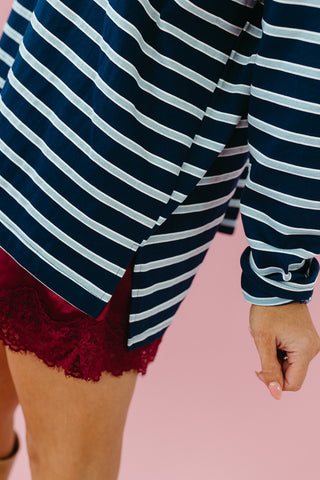 Zoe Oversized Stripe Long Sleeve Tee in Navy/Cloud
