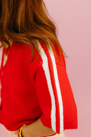 Mandy Varsity Short Sleeve Cardigan in Cherry/White