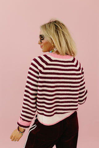 Saylor Stripe Cardigan in Light Pink/Wine