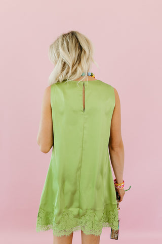 Mabel Lace Trim Satin Mini Dress in Green
