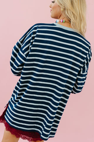Zoe Oversized Stripe Long Sleeve Tee in Navy/Cloud