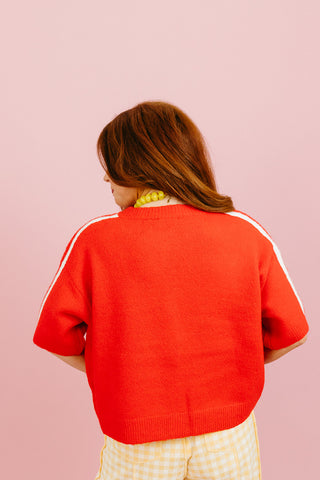 Mandy Varsity Short Sleeve Cardigan in Cherry/White