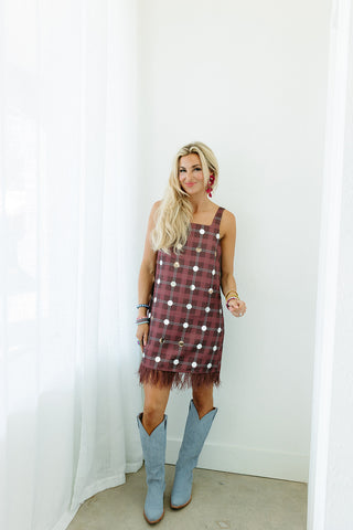 Winslet Plaid Embelished Mirrored Dress in Burgundy