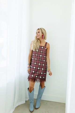 Winslet Plaid Embelished Mirrored Dress in Burgundy