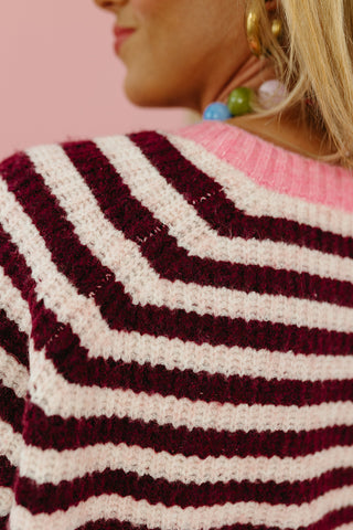 Saylor Stripe Cardigan in Light Pink/Wine