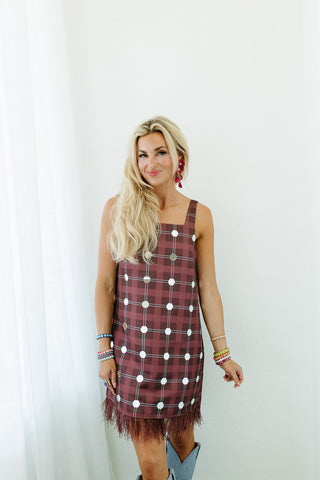 Winslet Plaid Embelished Mirrored Dress in Burgundy