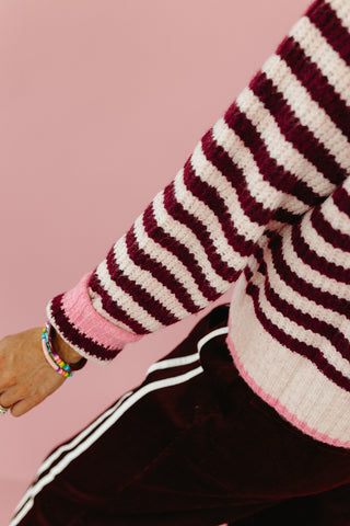 Saylor Stripe Cardigan in Light Pink/Wine