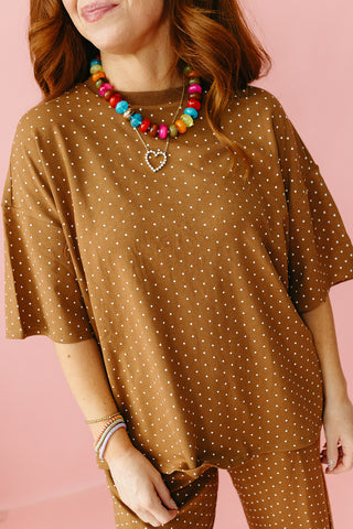 Leena Polka Short Sleeve Top in Camel/Ivory