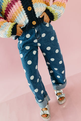 Ellie Polka Dot Rolled Up Barrel Denim in Medium Wash