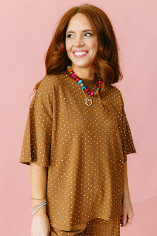 Leena Polka Short Sleeve Top in Camel/Ivory